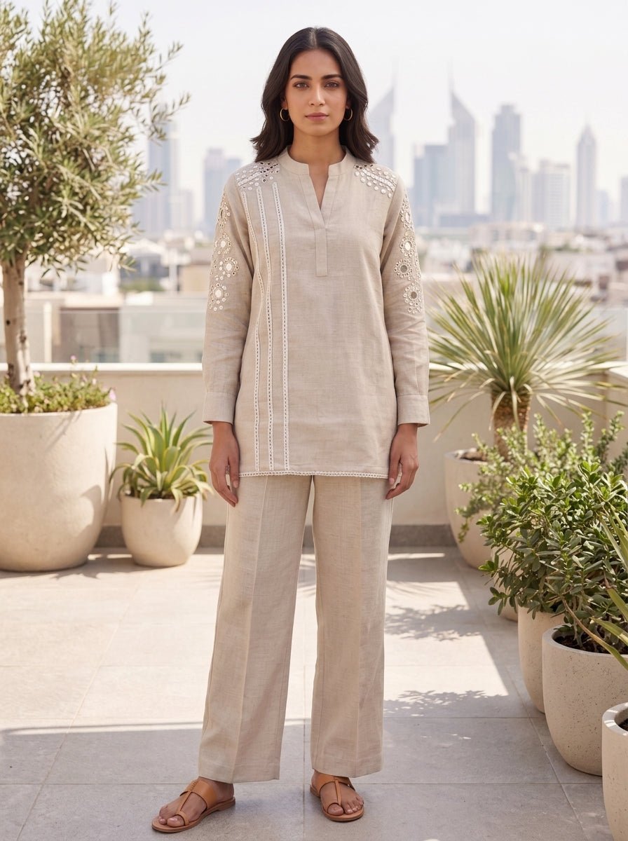 Relaxed Fit Jute Mirrorwork Cord Set - Freyaa USA & Canada