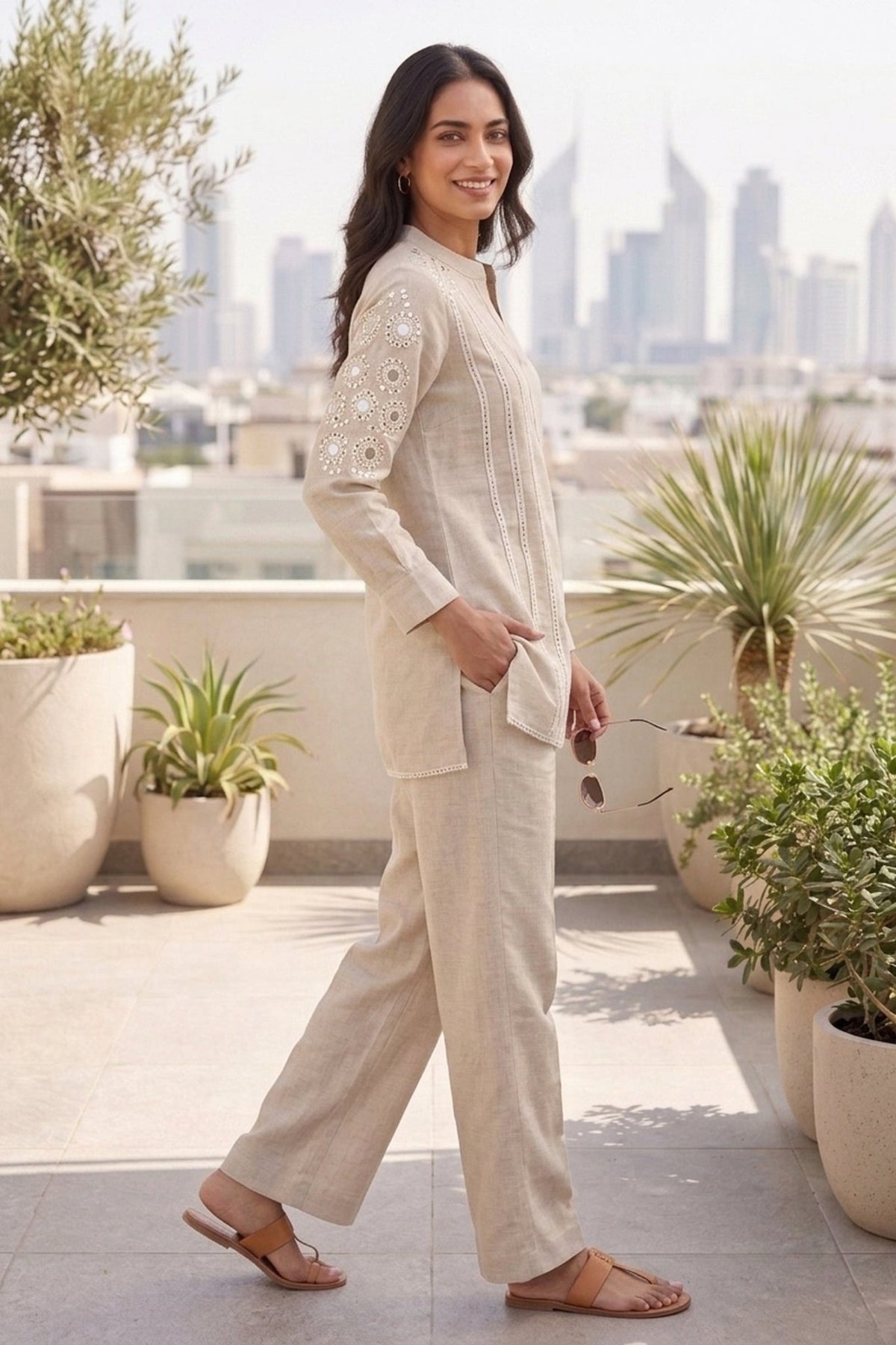 Relaxed Fit Jute Mirrorwork Cord Set - Freyaa USA & Canada