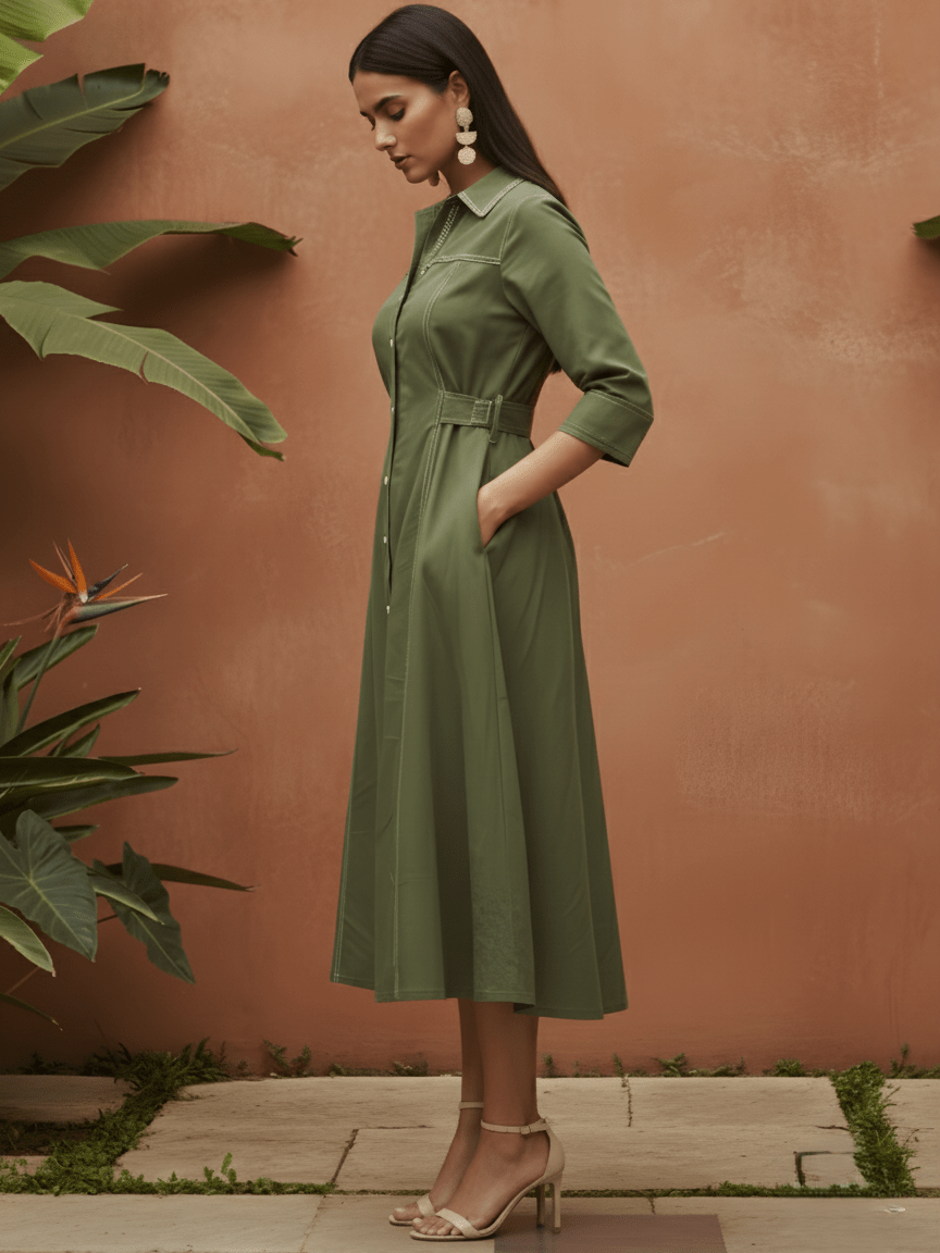 Olive Green Solid Denim Dress - Freyaa USA & Canada