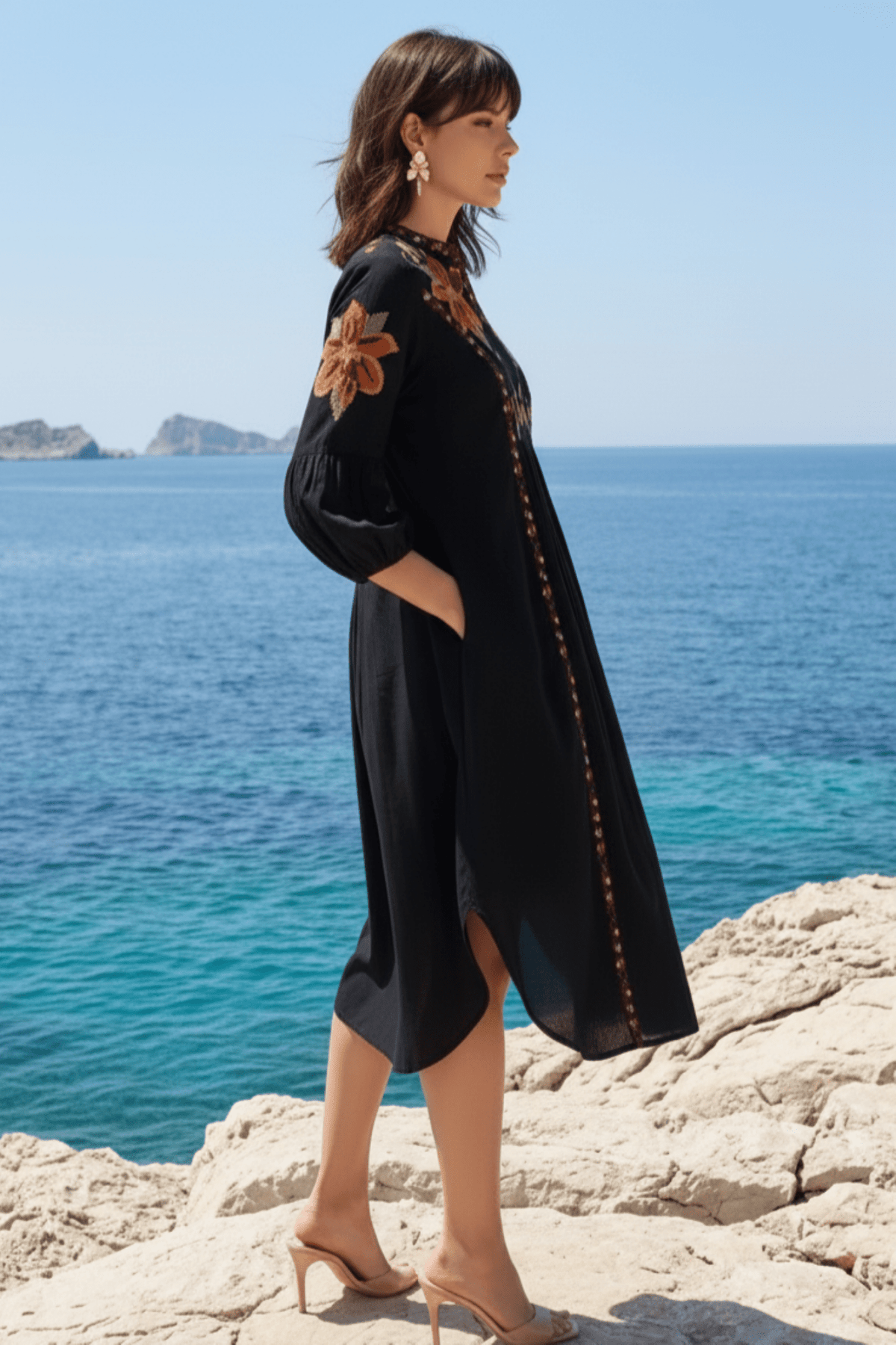 Black Printed Long Dress - Freyaa