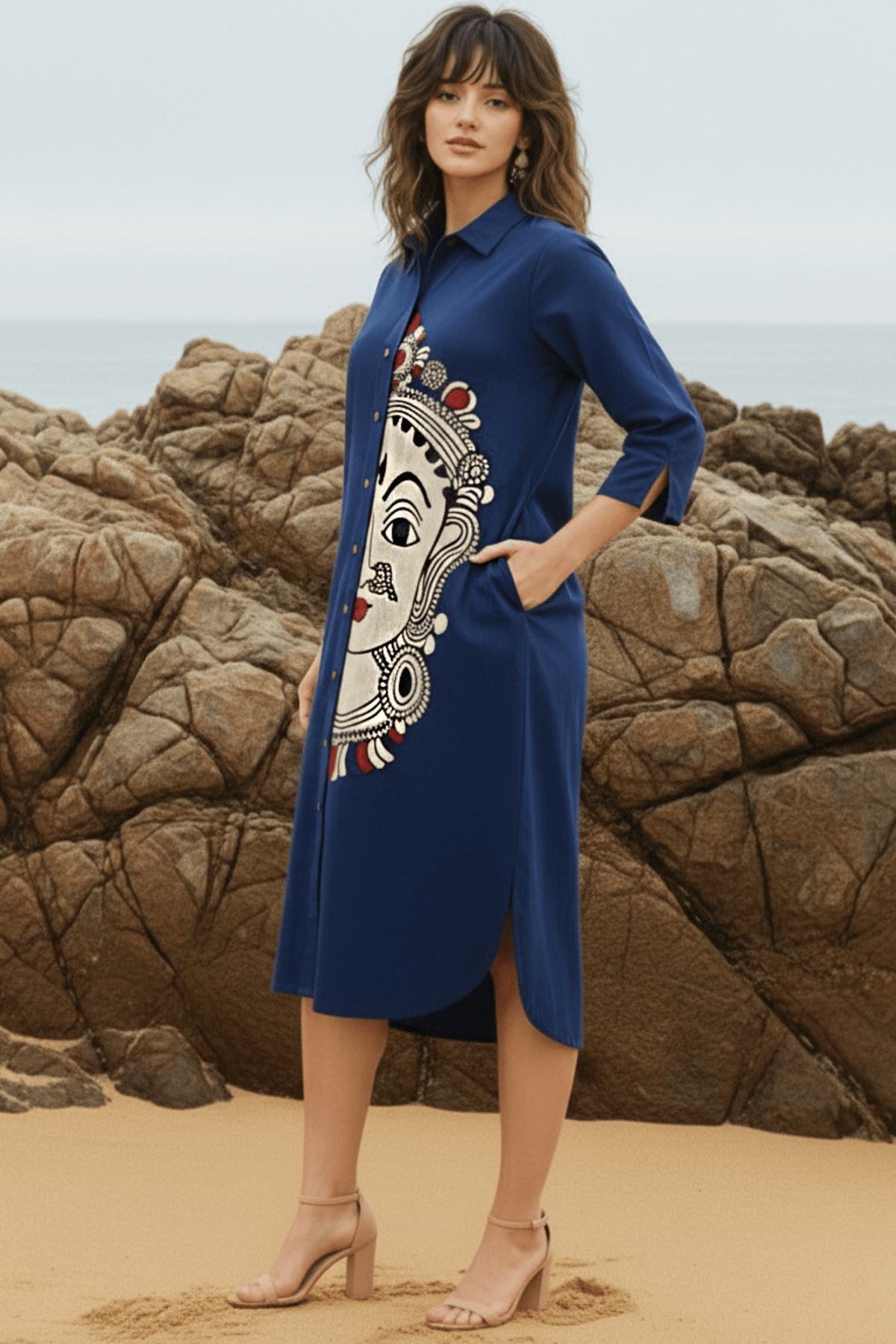Relaxed Fit Kathakali Print Shirt Dress - Freyaa USA & Canada