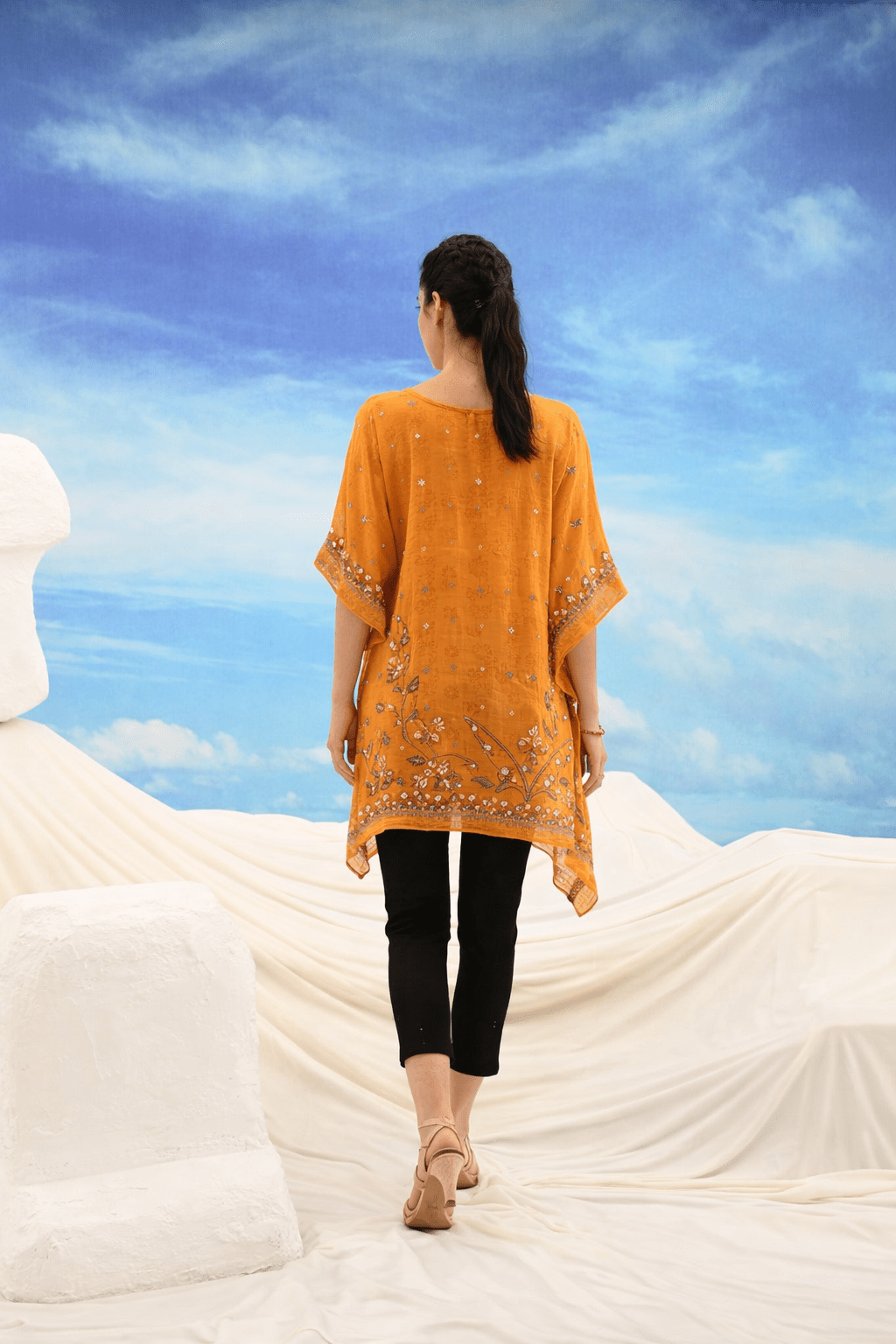 Mustard Mirror Work Embroidered Short Kaftan - Freyaa USA & Canada