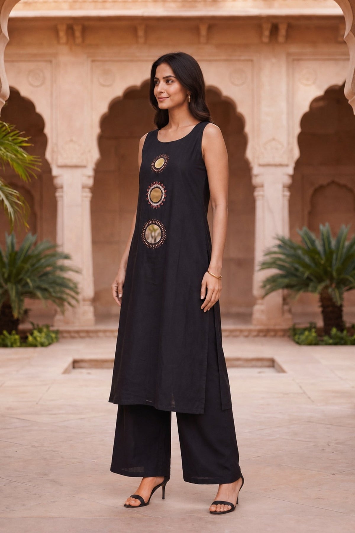 Black Sleeveless Mirror Work Cotton Kurta & Palazzo Co-Ord Set - Freyaa
