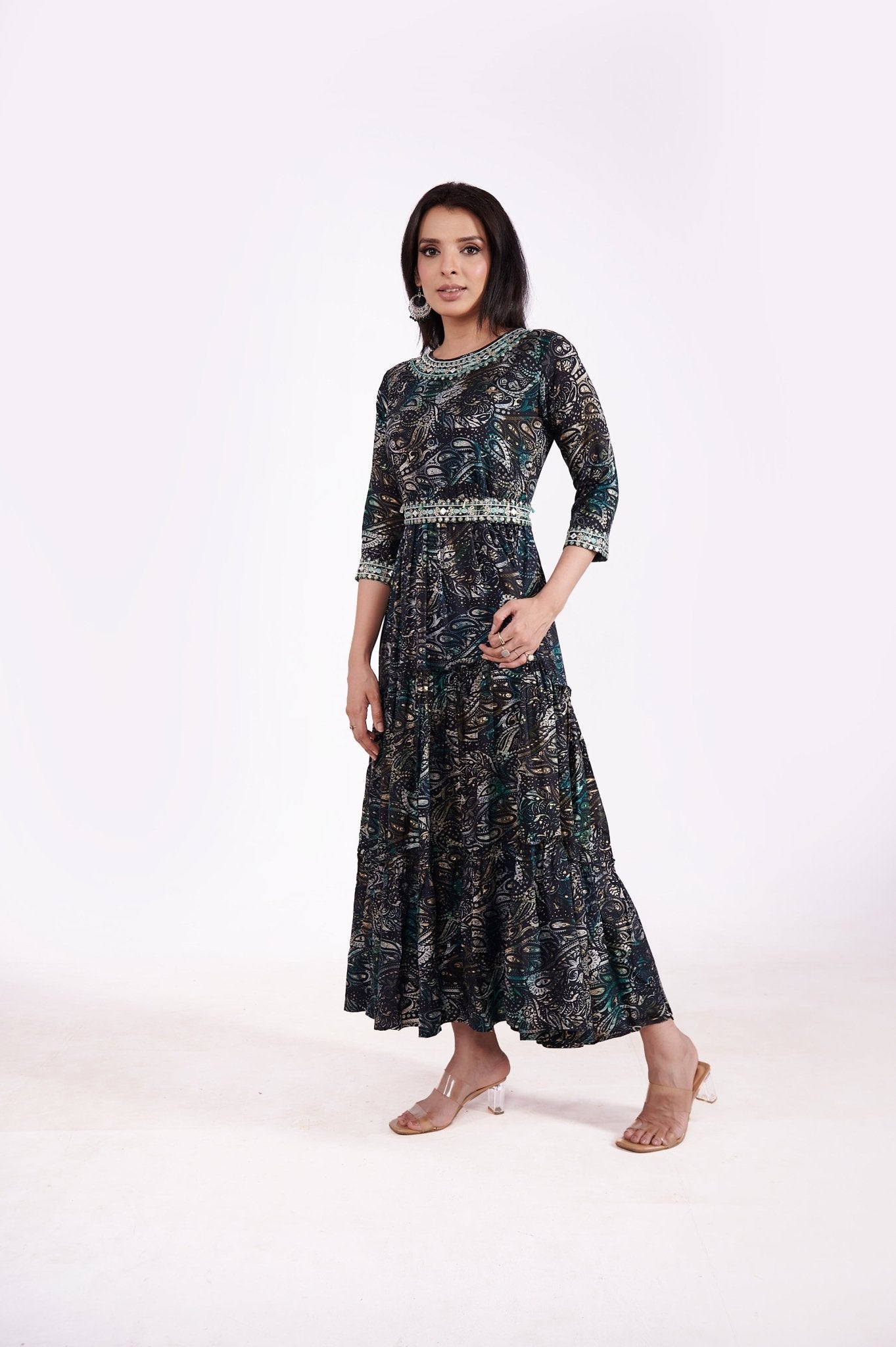Rayon Pasley Printed Neck Embroidered Ethnic Dress - Freyaa USA & Canada