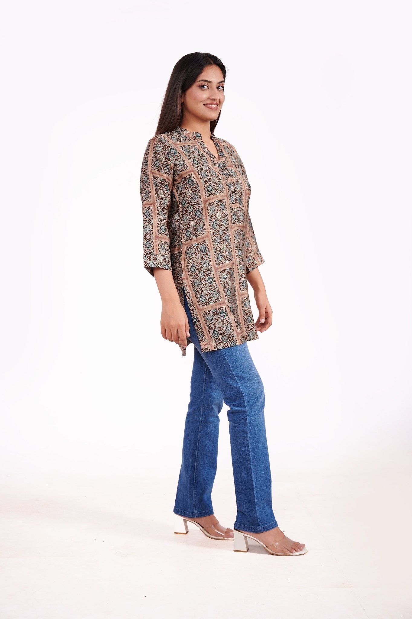 Modal Chanderi printed A Line Tunic Top - Freyaa USA & Canada