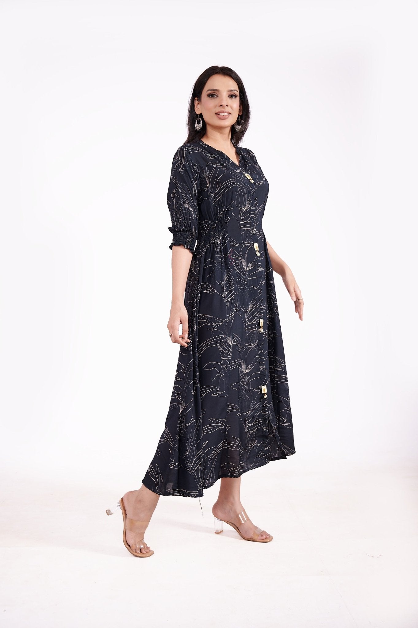 Muslin Floral Print Midi Dress - Freyaa USA & Canada
