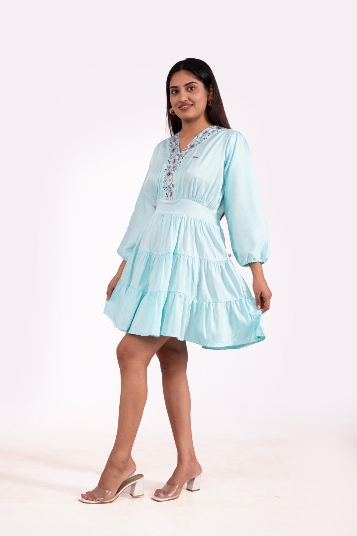 Gazi Silk V Neck Embroidered Tunics - Sea Green - Freyaa USA & Canada