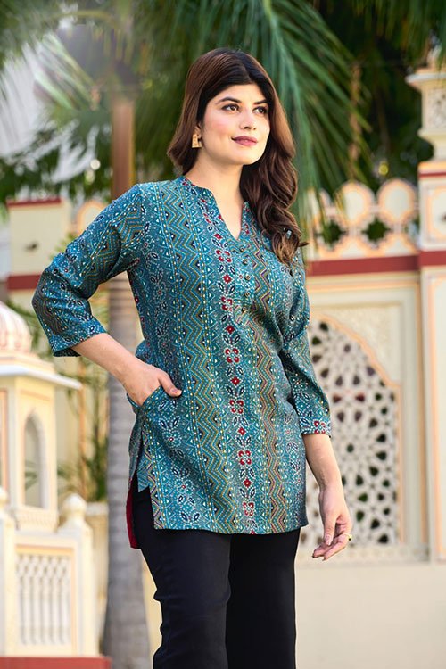 Foil Printed A Line Tunic Top - Freyaa USA & Canada