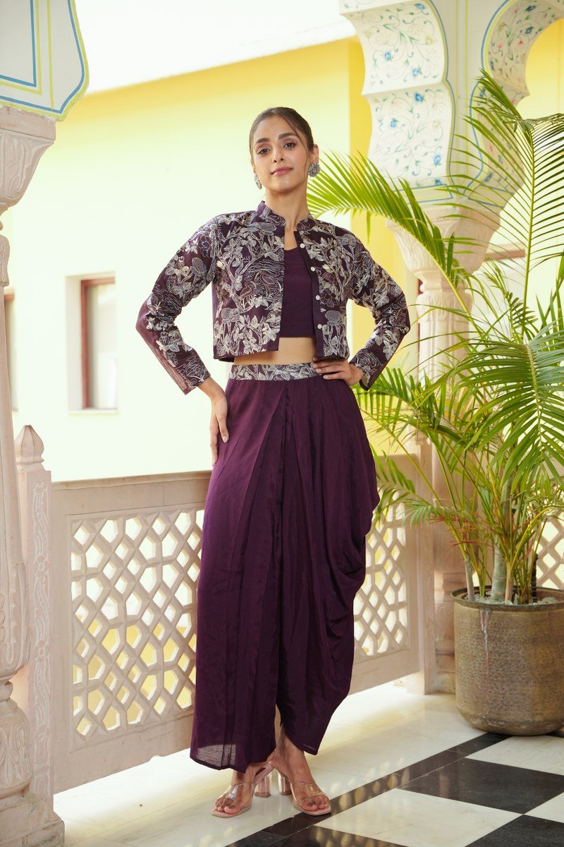Embroidered Dhoti Pants Co-ord Set - Purple - Freyaa USA & Canada