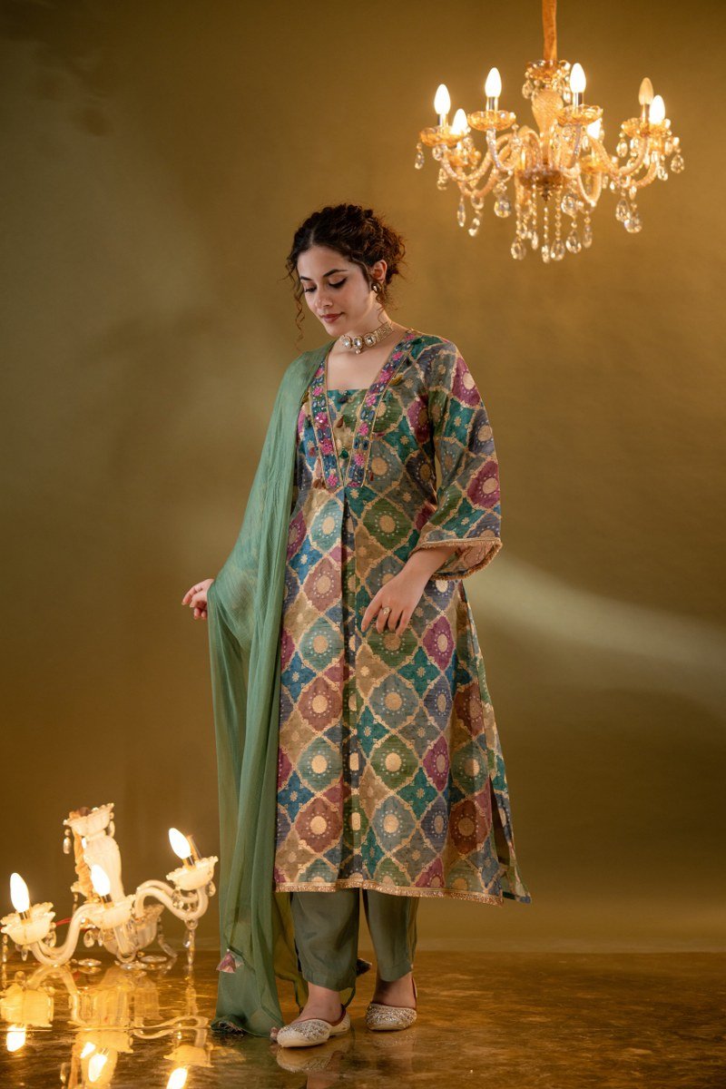Multicolour Zari Silk Embroidered V-Neck Kurta Set - Freyaa USA & Canada