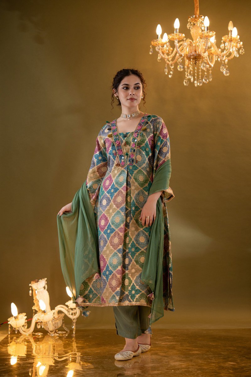 Multicolour Zari Silk Embroidered V-Neck Kurta Set - Freyaa USA & Canada