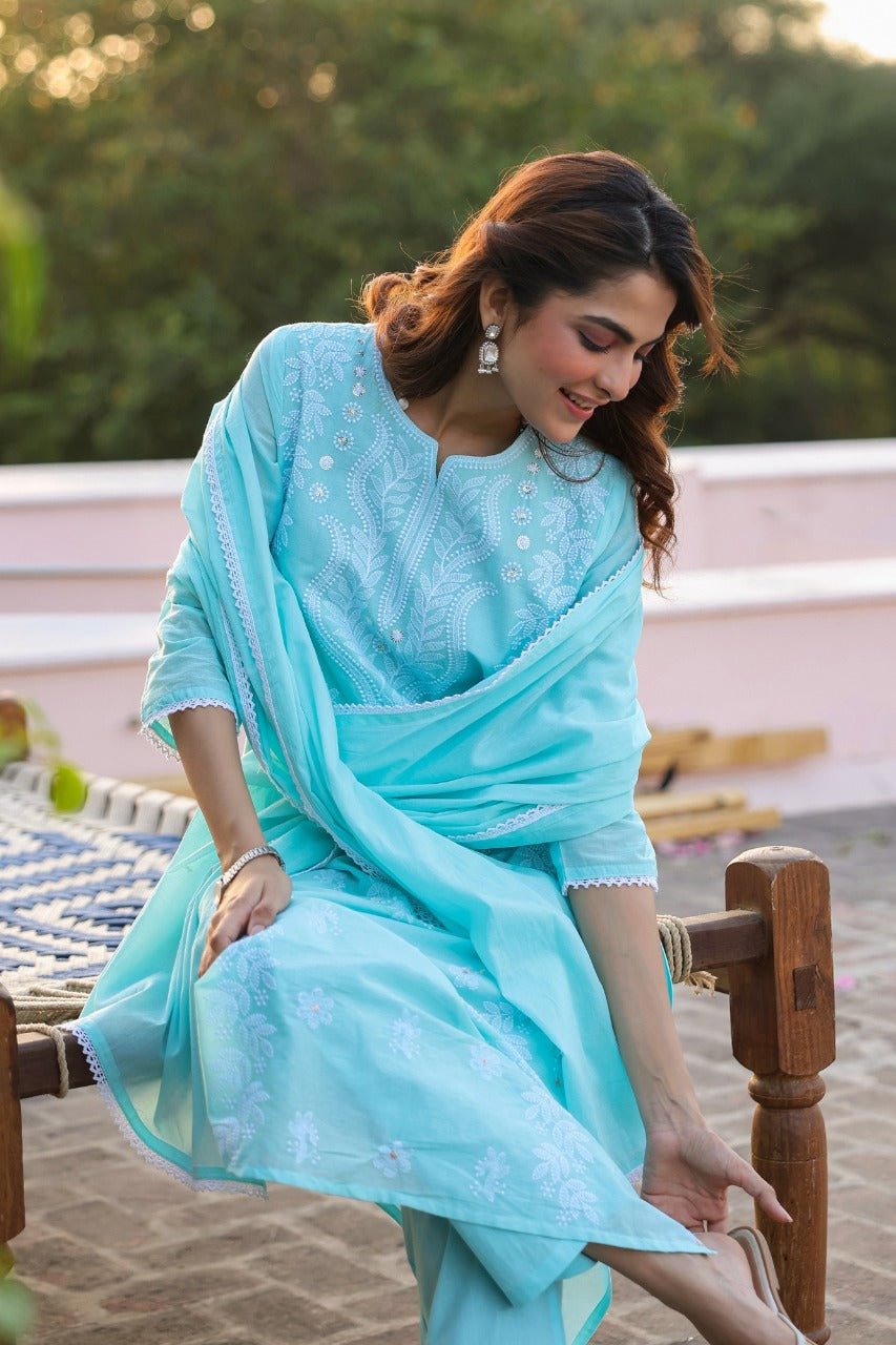 Freyaa Aqua Blue Embroidered Straight Kurta Trouser with Dupatta Set - Freyaa USA & Canada