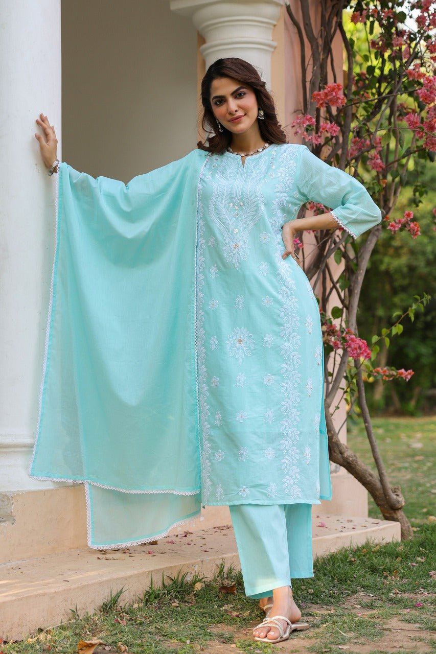 Freyaa Aqua Blue Embroidered Straight Kurta Trouser with Dupatta Set - Freyaa USA & Canada