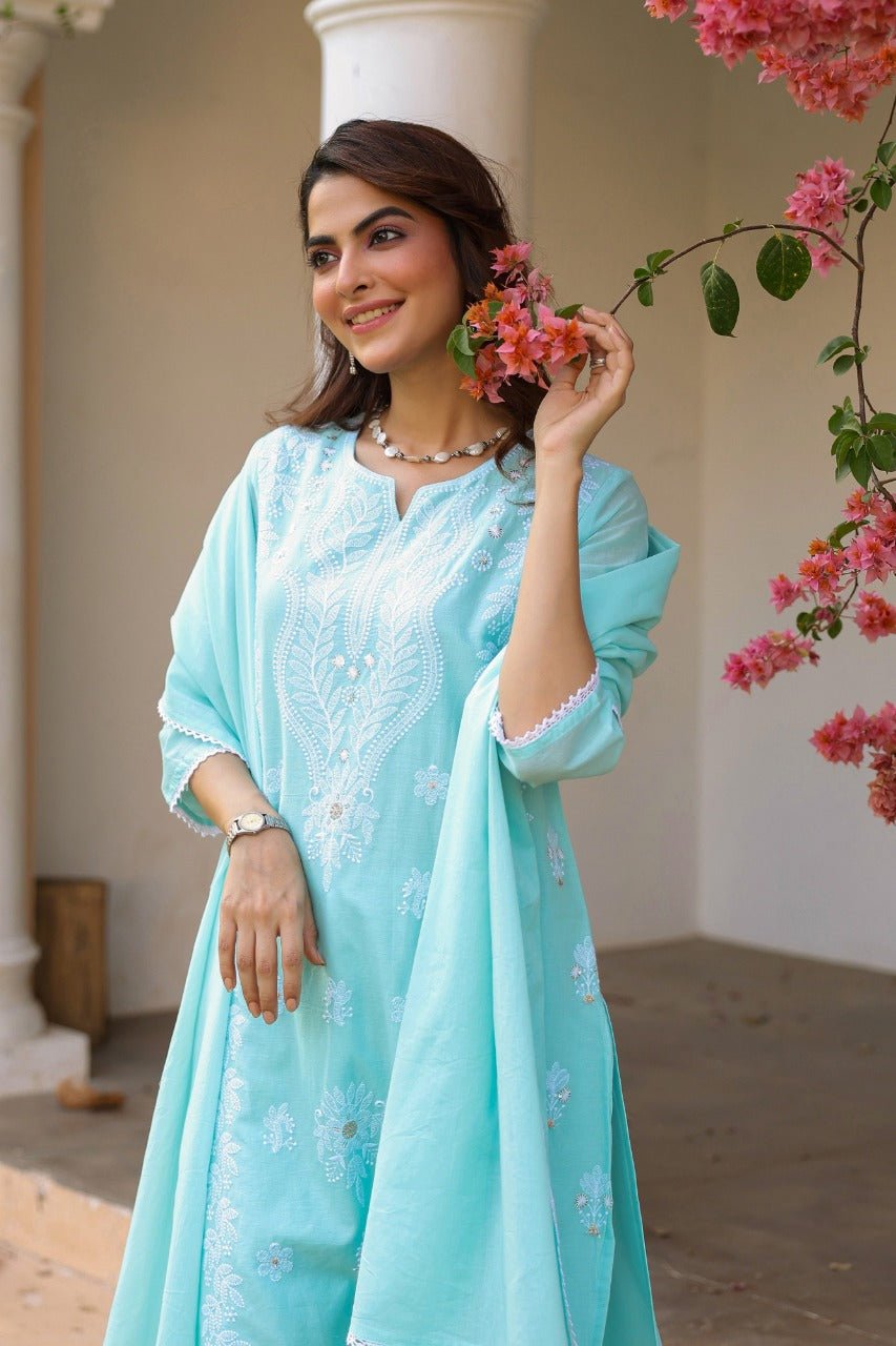 Freyaa Aqua Blue Embroidered Straight Kurta Trouser with Dupatta Set - Freyaa USA & Canada