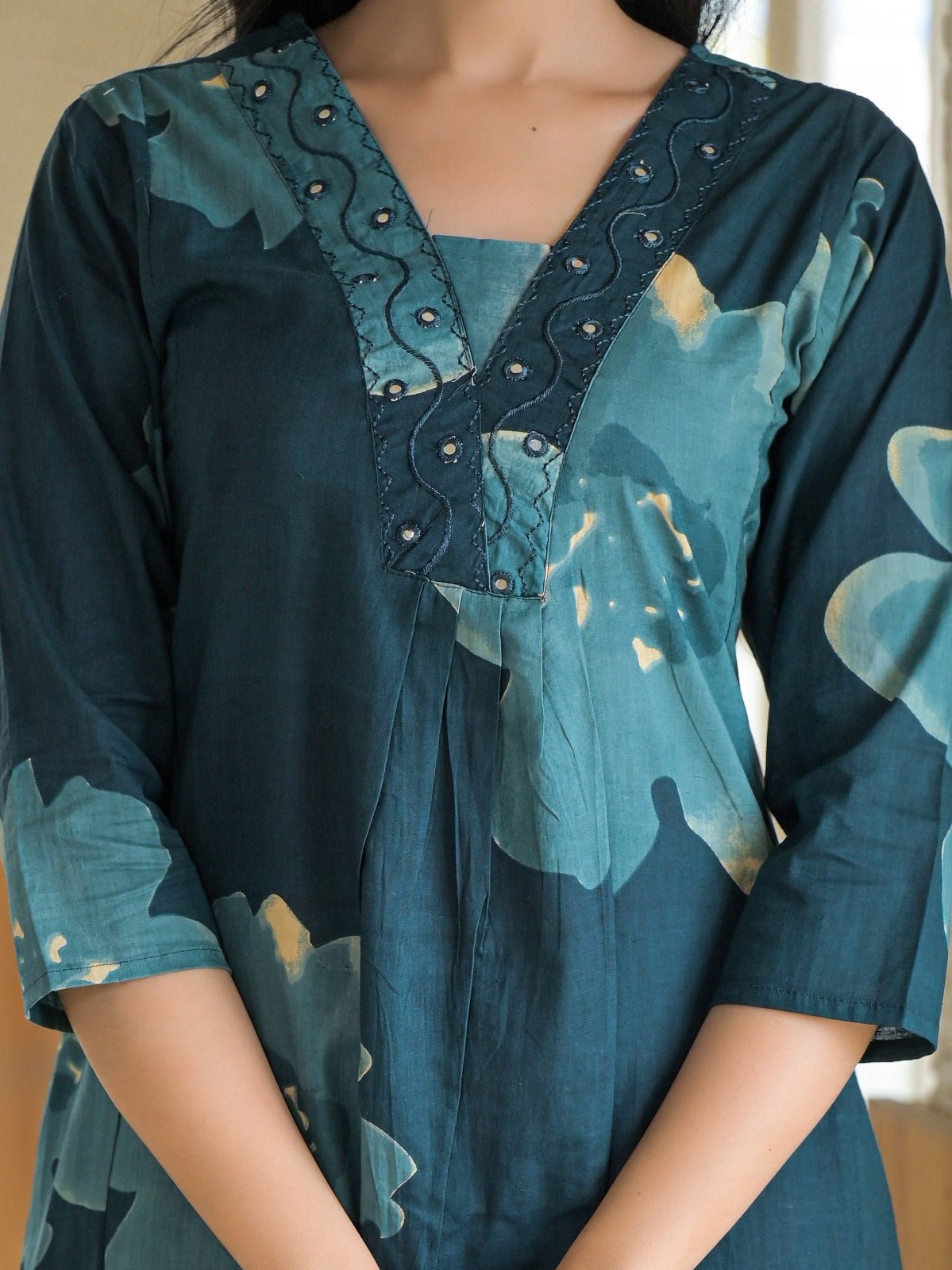 Blue Cotton Co-ord Set with Subtle Printed - Freyaa USA & Canada