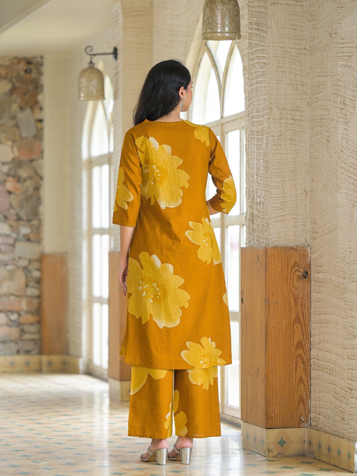 Yellow Minimal Print Cotton Co-ord Set - Freyaa USA & Canada