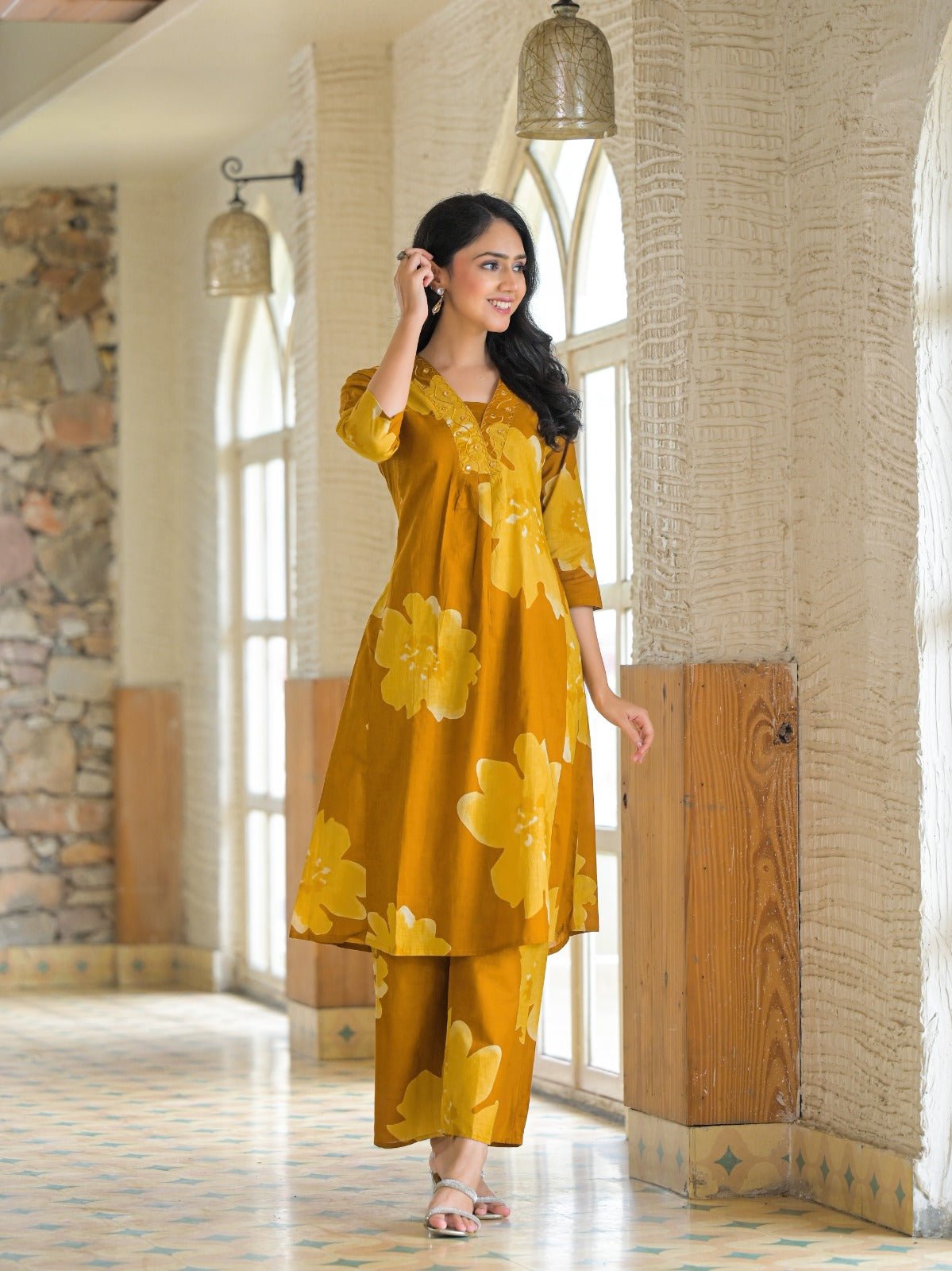 Yellow Minimal Print Cotton Co-ord Set - Freyaa USA & Canada