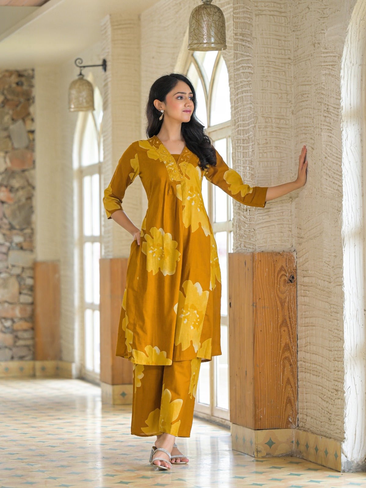 Yellow Minimal Print Cotton Co-ord Set - Freyaa USA & Canada