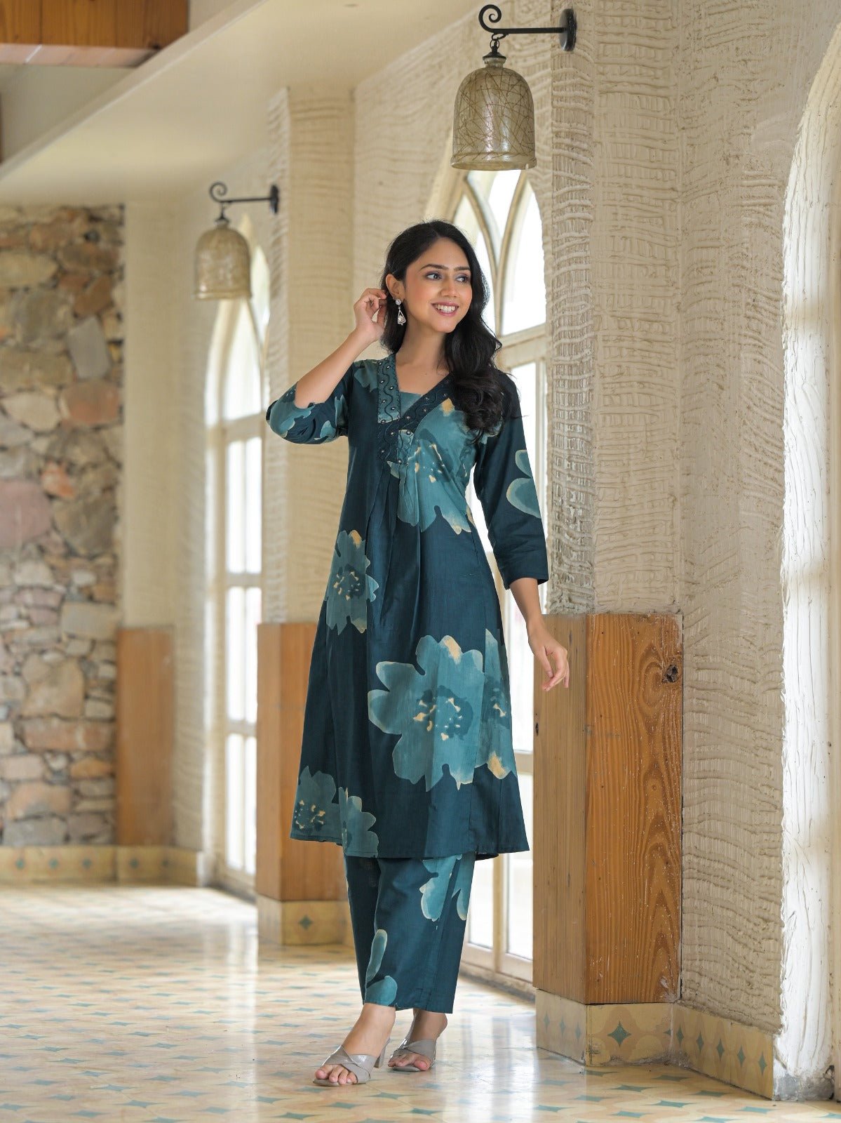 Blue Cotton Co-ord Set with Subtle Printed - Freyaa USA & Canada