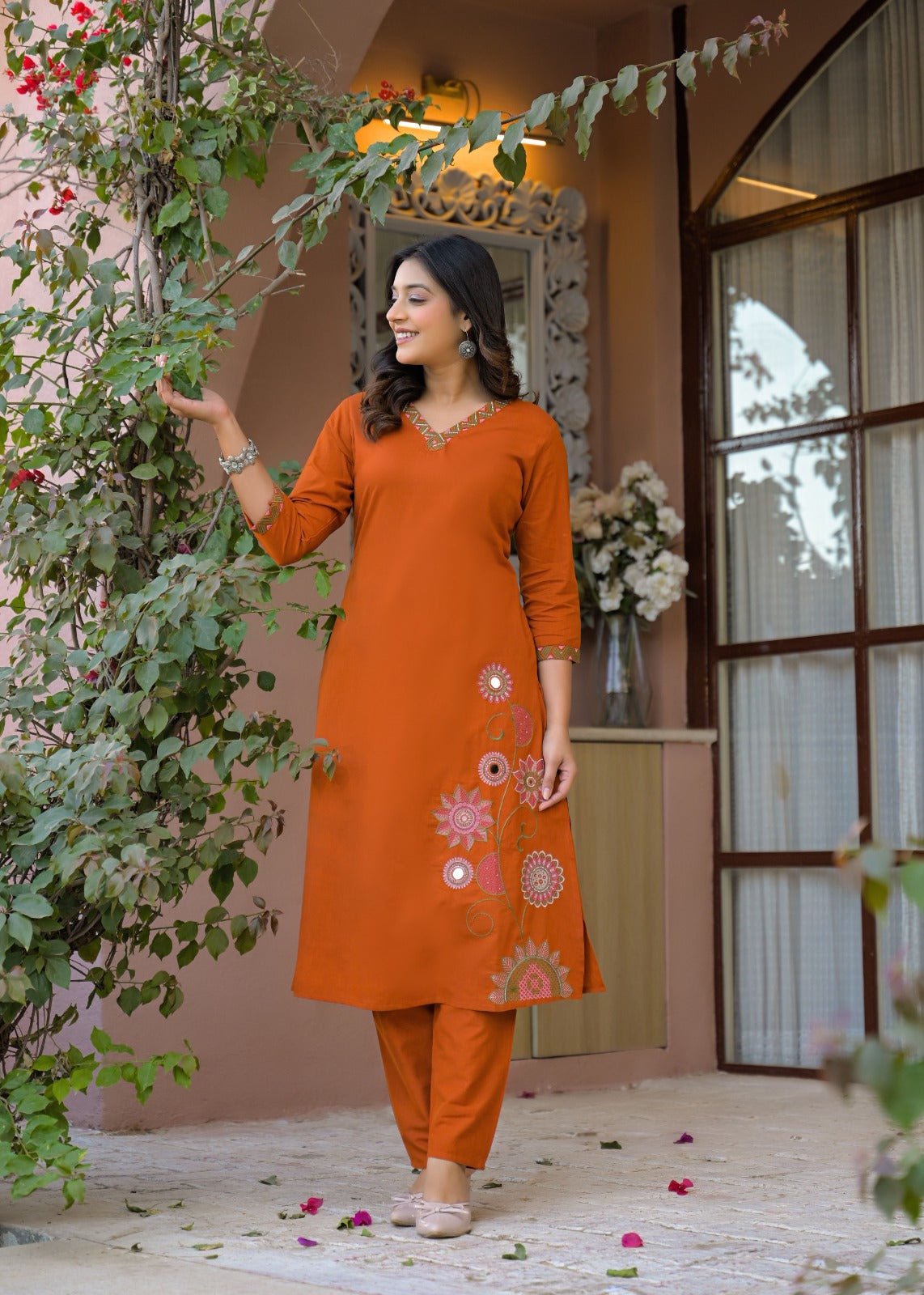 Orange Embroidered Co-ord Set - Freyaa USA & Canada