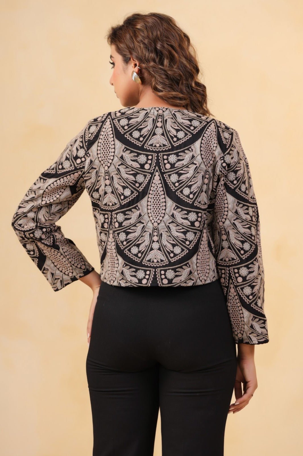 Chic Black Jacket with Threadwork Detailing - Freyaa USA & Canada