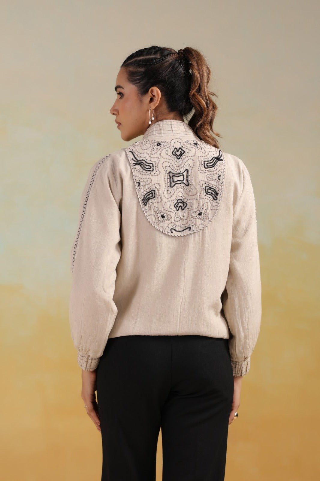 Cream Thread Embroidered Jacket - Freyaa USA & Canada