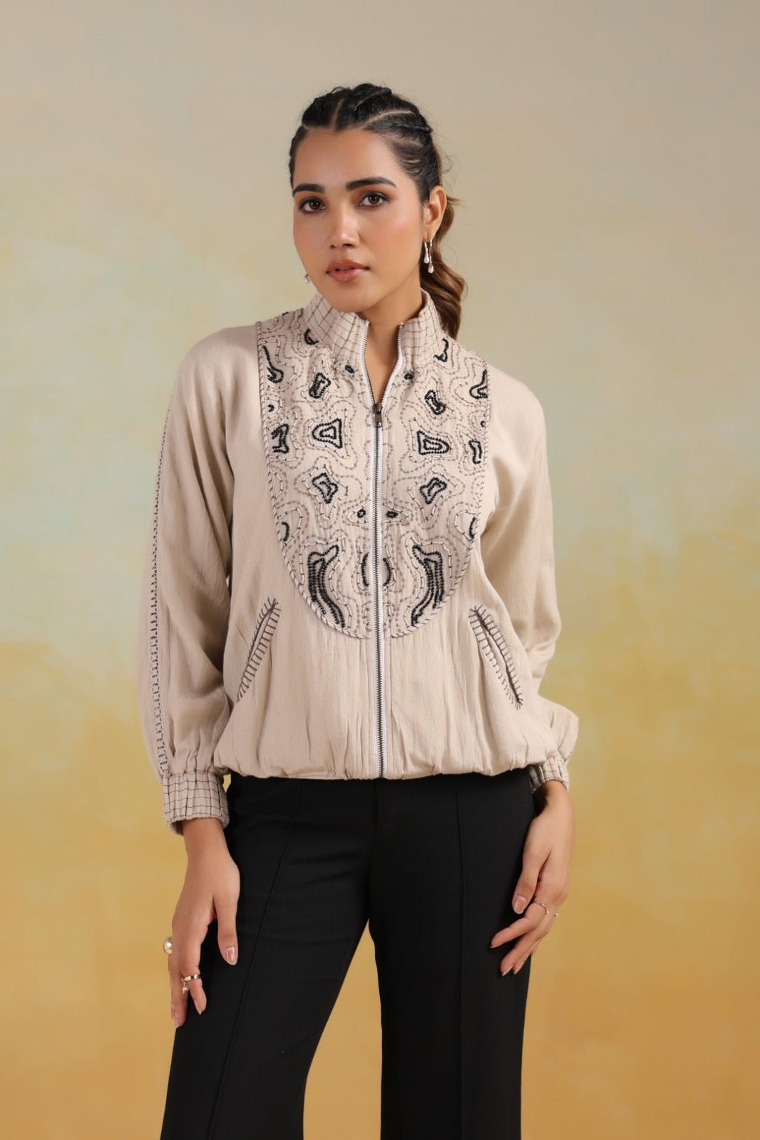 Cream Thread Embroidered Jacket - Freyaa USA & Canada