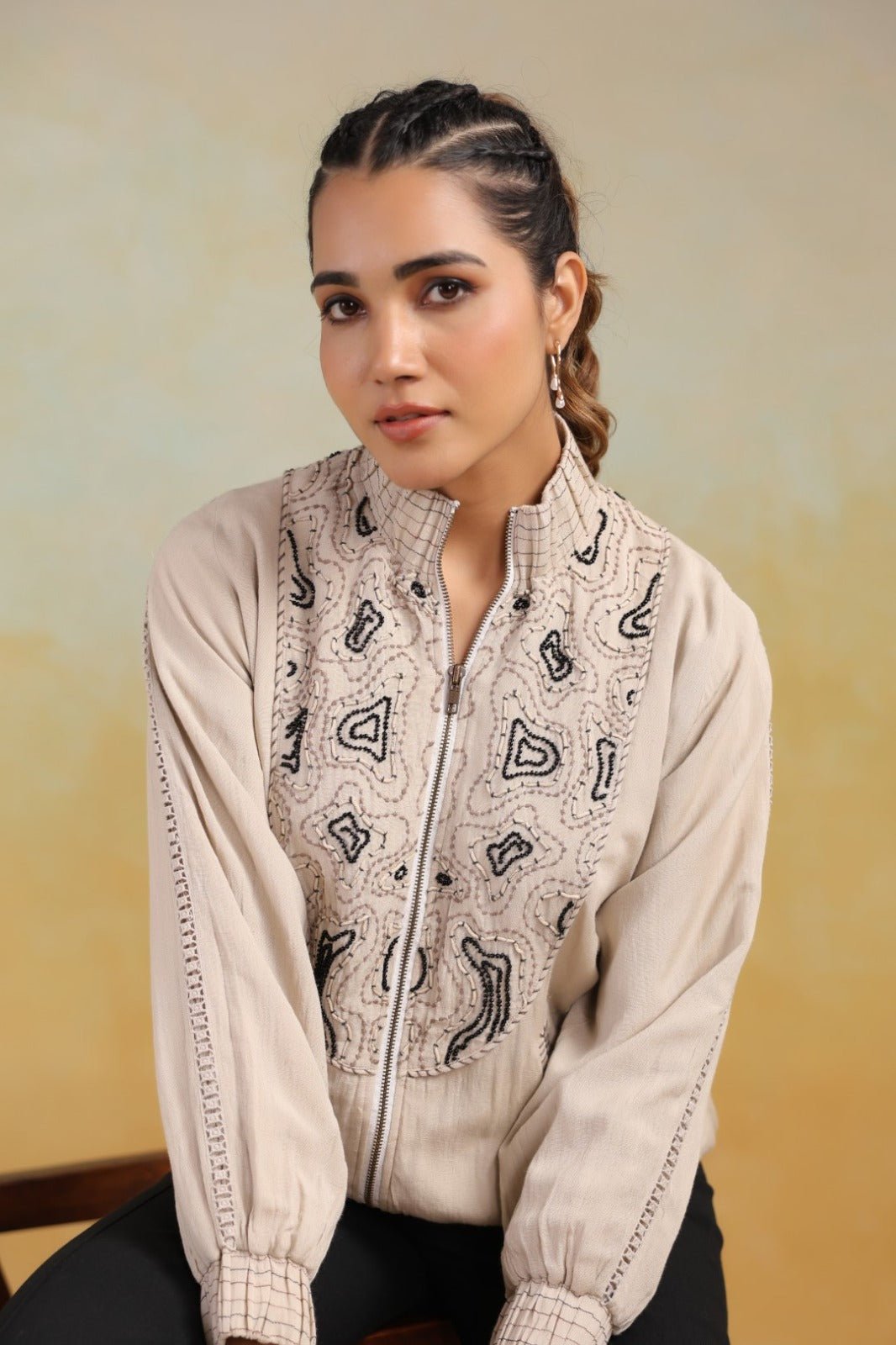 Cream Thread Embroidered Jacket - Freyaa USA & Canada