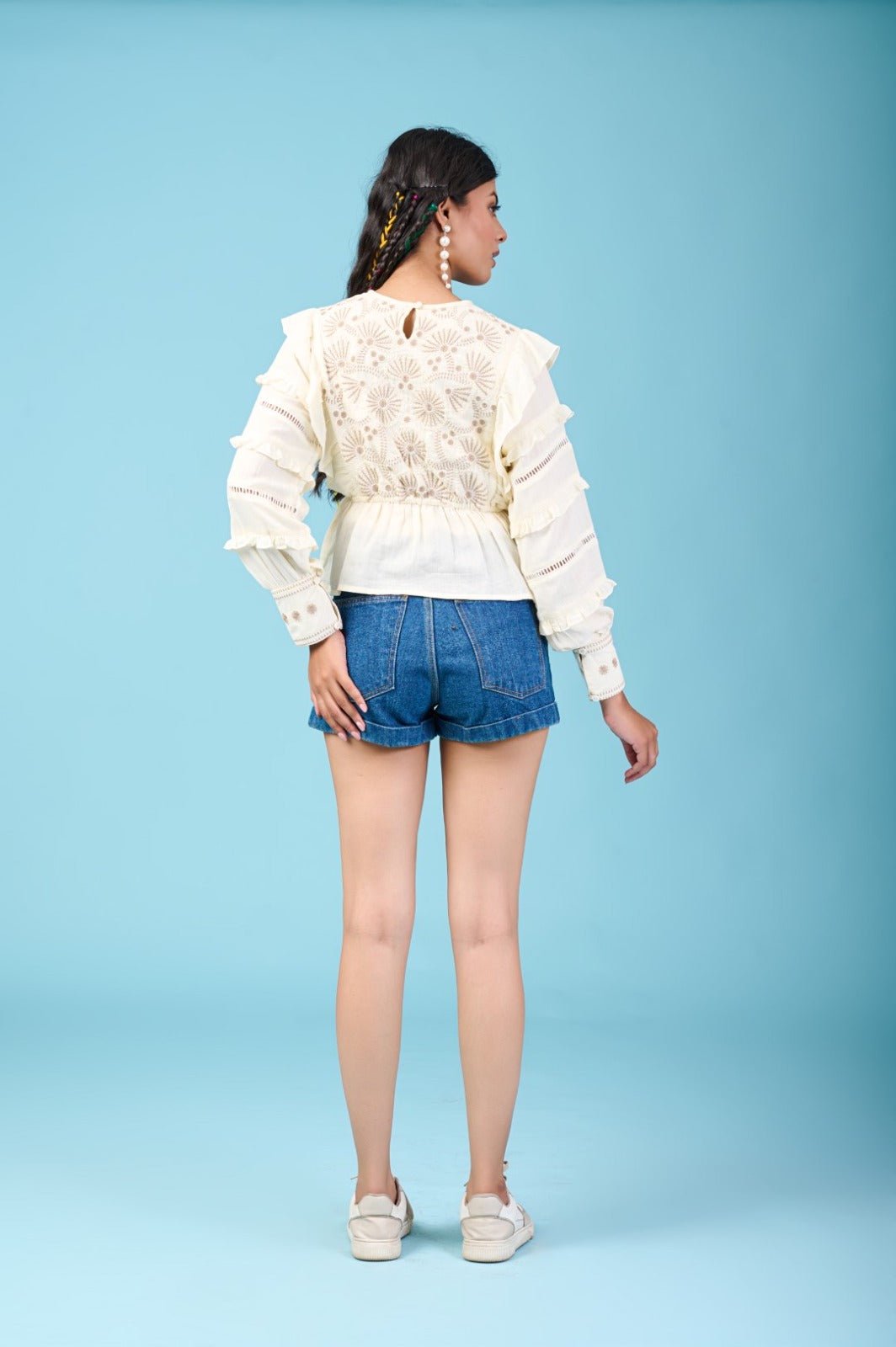 Cream Thread Embroidered Puff Sleeve Top - Freyaa USA & Canada