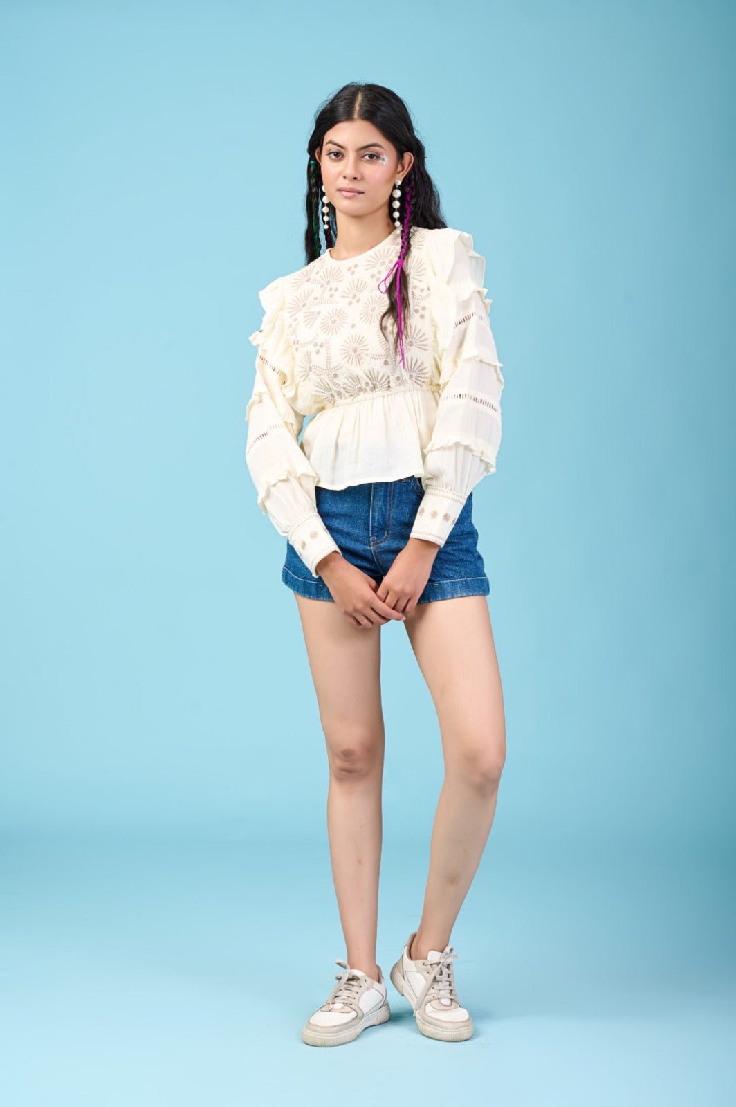 Cream Thread Embroidered Puff Sleeve Top - Freyaa USA & Canada