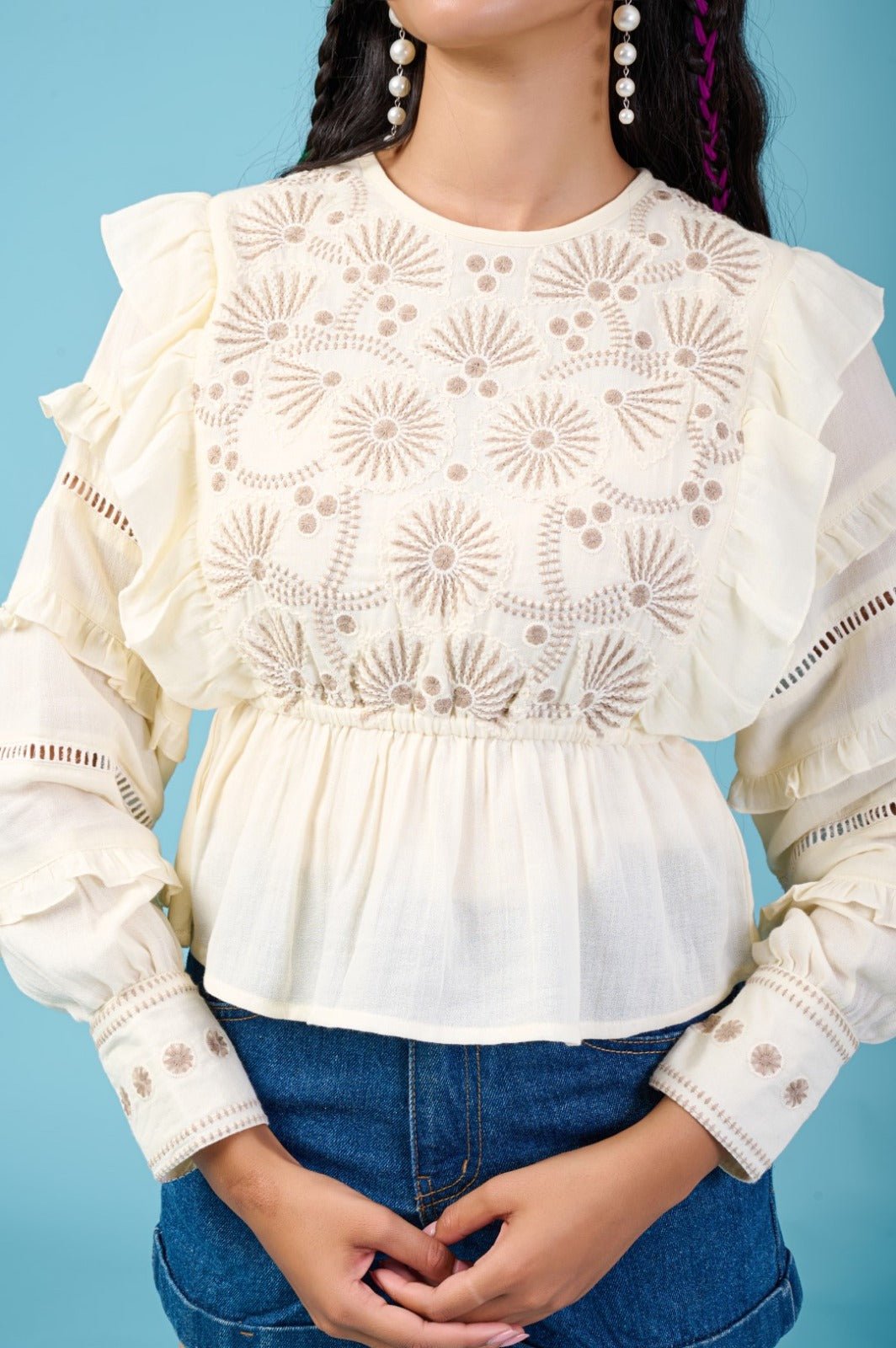 Cream Thread Embroidered Puff Sleeve Top - Freyaa USA & Canada