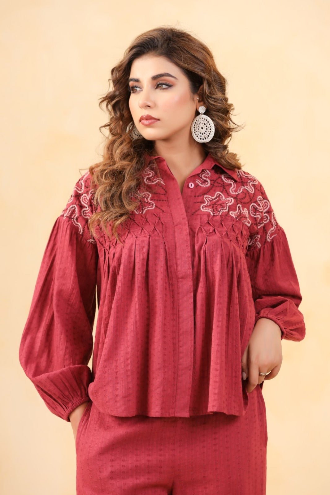 Red Co-ord Set with Thread Embroidered - Freyaa USA & Canada