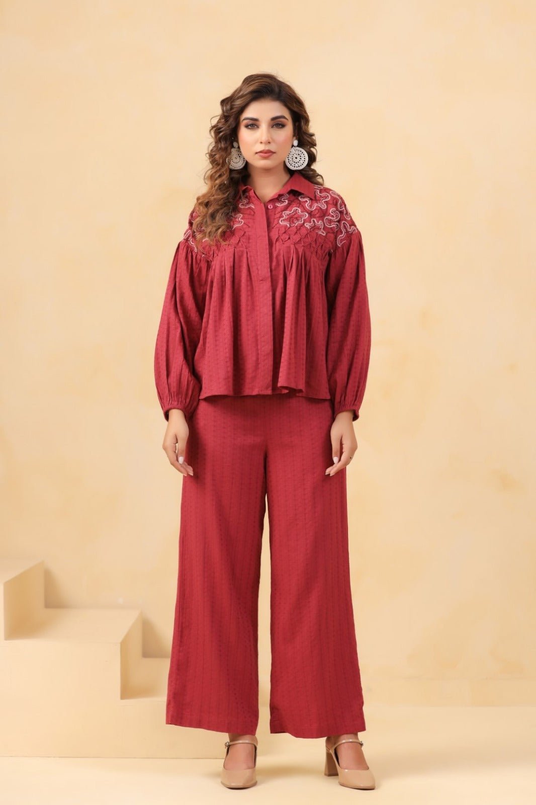 Red Co-ord Set with Thread Embroidered - Freyaa USA & Canada