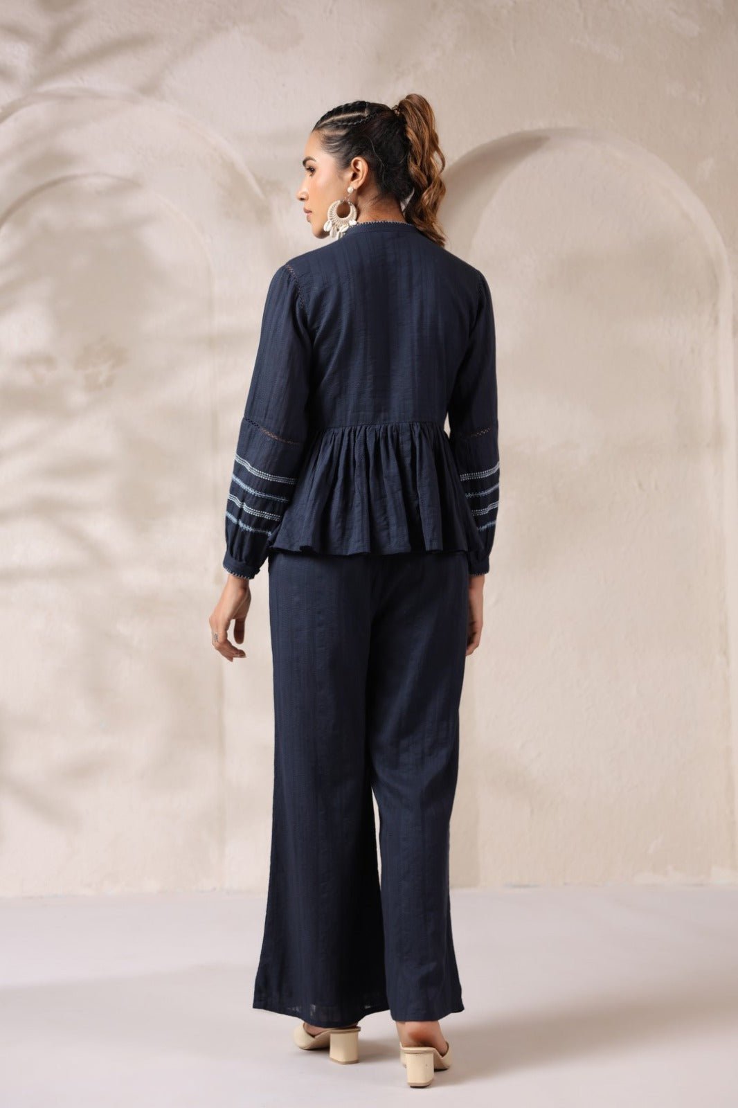 Blue Cotton Co-ord Set with White Thread Work - Freyaa USA & Canada