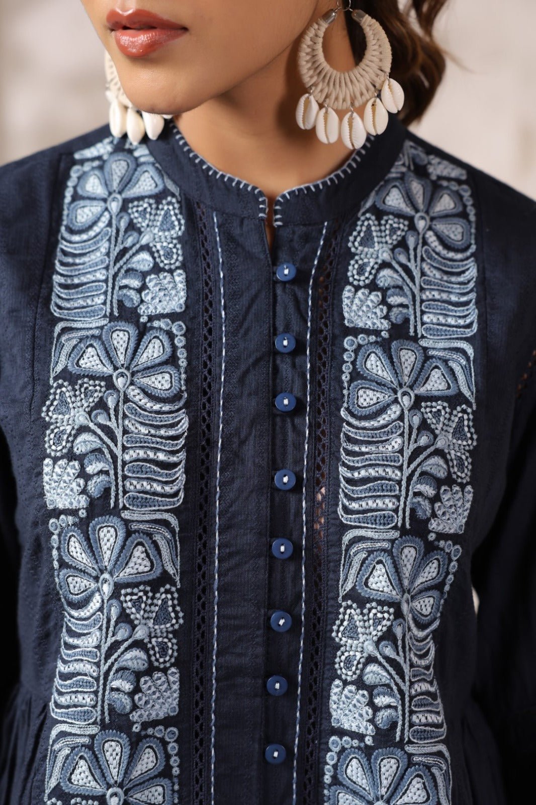 Blue Cotton Co-ord Set with White Thread Work - Freyaa USA & Canada