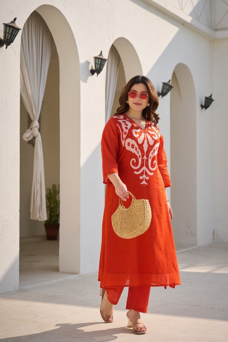 Orange Printed Neck Straight Cut Cotton Co-ord Set - Freyaa USA & Canada