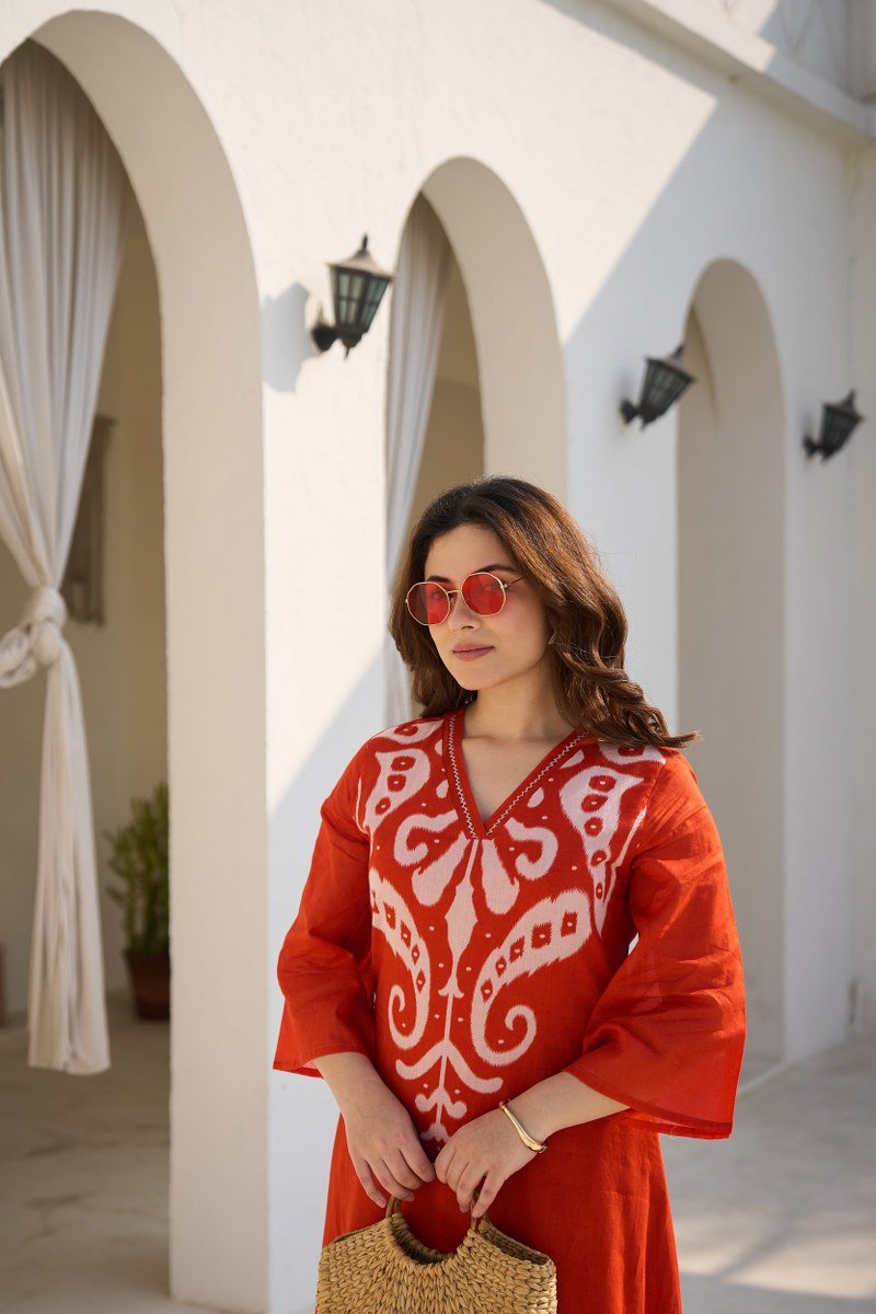 Orange Printed Neck Straight Cut Cotton Co-ord Set - Freyaa USA & Canada