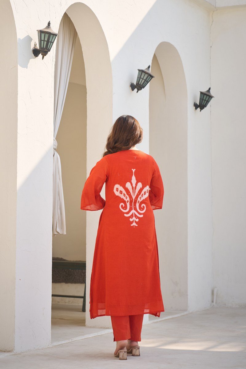 Orange Printed Neck Straight Cut Cotton Co-ord Set - Freyaa USA & Canada