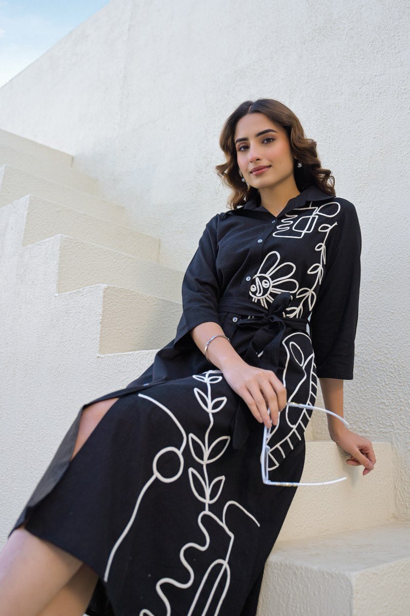 Black Cotton Embroidered Dress with Belt - Freyaa USA & Canada