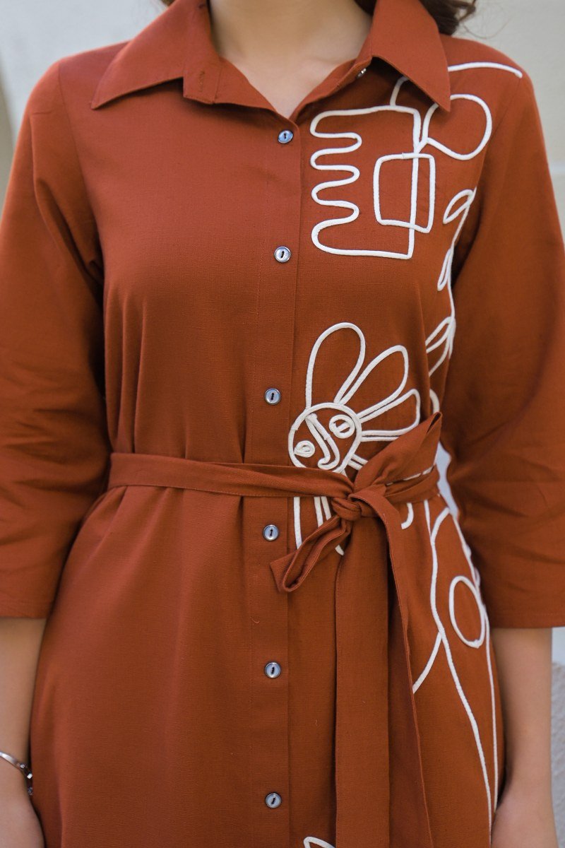 Brown Embroidered Dress with Belt - Freyaa USA & Canada