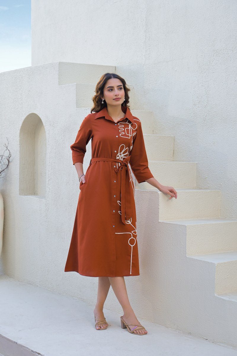 Brown Embroidered Dress with Belt - Freyaa USA & Canada