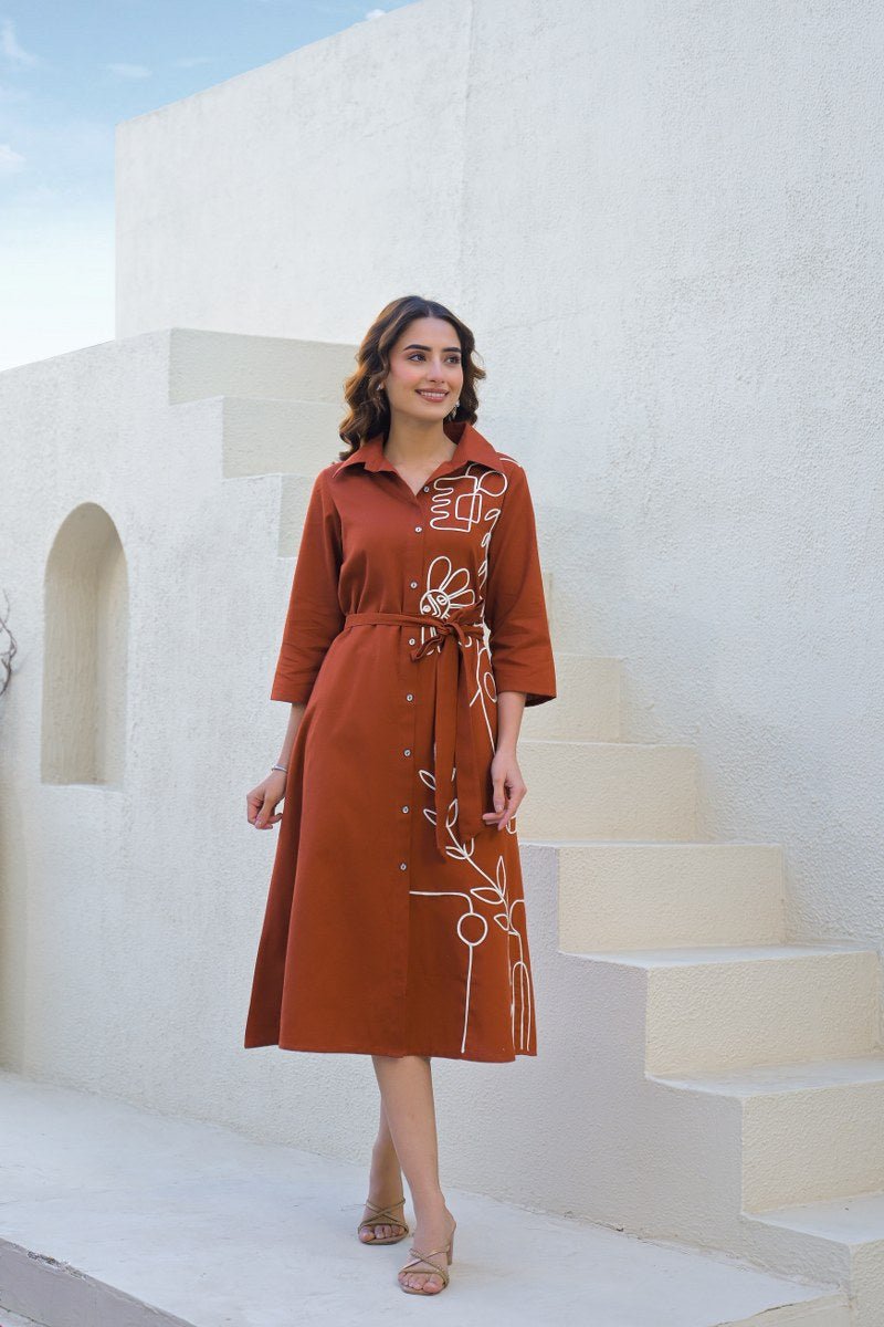 Brown Embroidered Dress with Belt - Freyaa USA & Canada