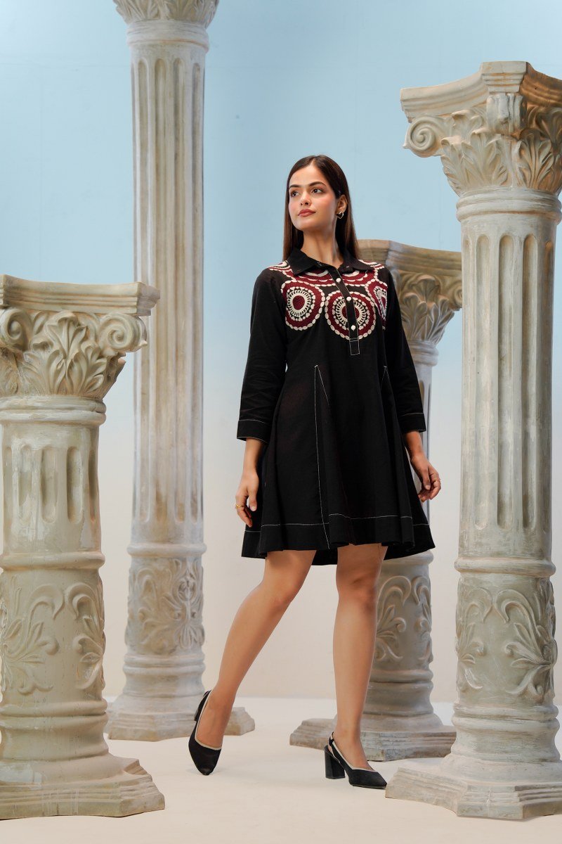 Black Thread Embroidered Tunic - Freyaa USA & Canada