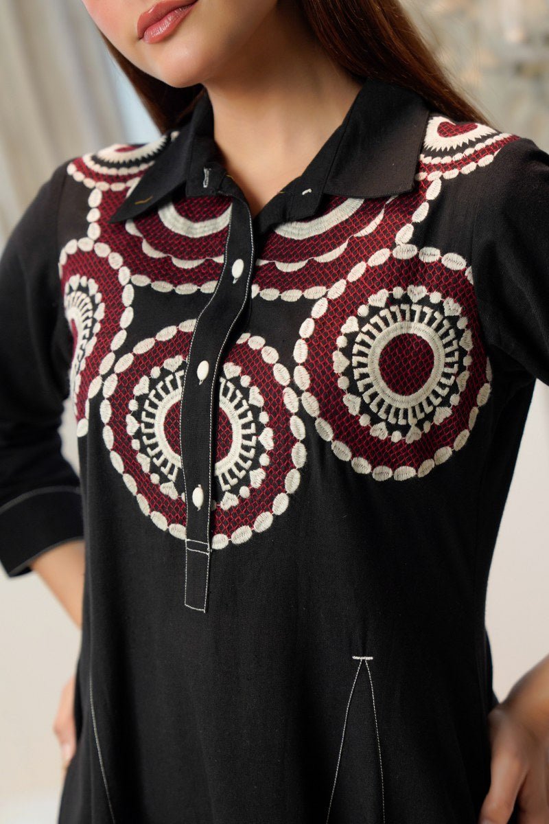 Black Thread Embroidered Tunic - Freyaa USA & Canada