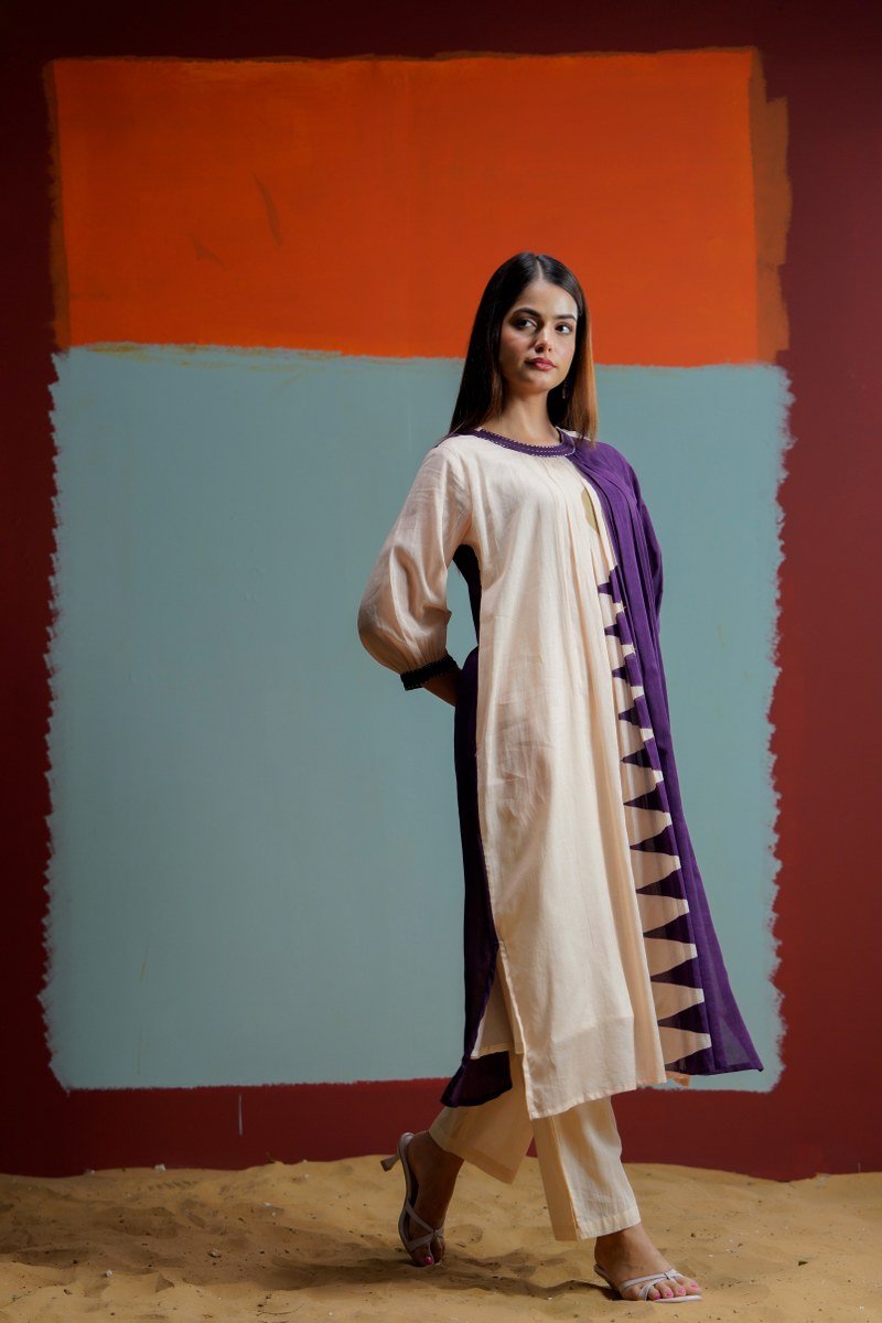Purple & Cream Cotton Co-ord Set - Freyaa USA & Canada