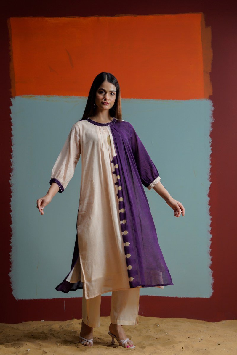 Purple & Cream Cotton Co-ord Set - Freyaa USA & Canada