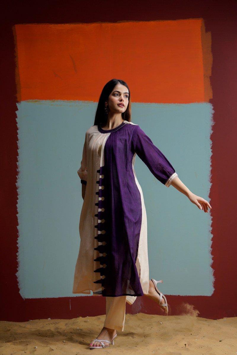 Purple & Cream Cotton Co-ord Set - Freyaa USA & Canada