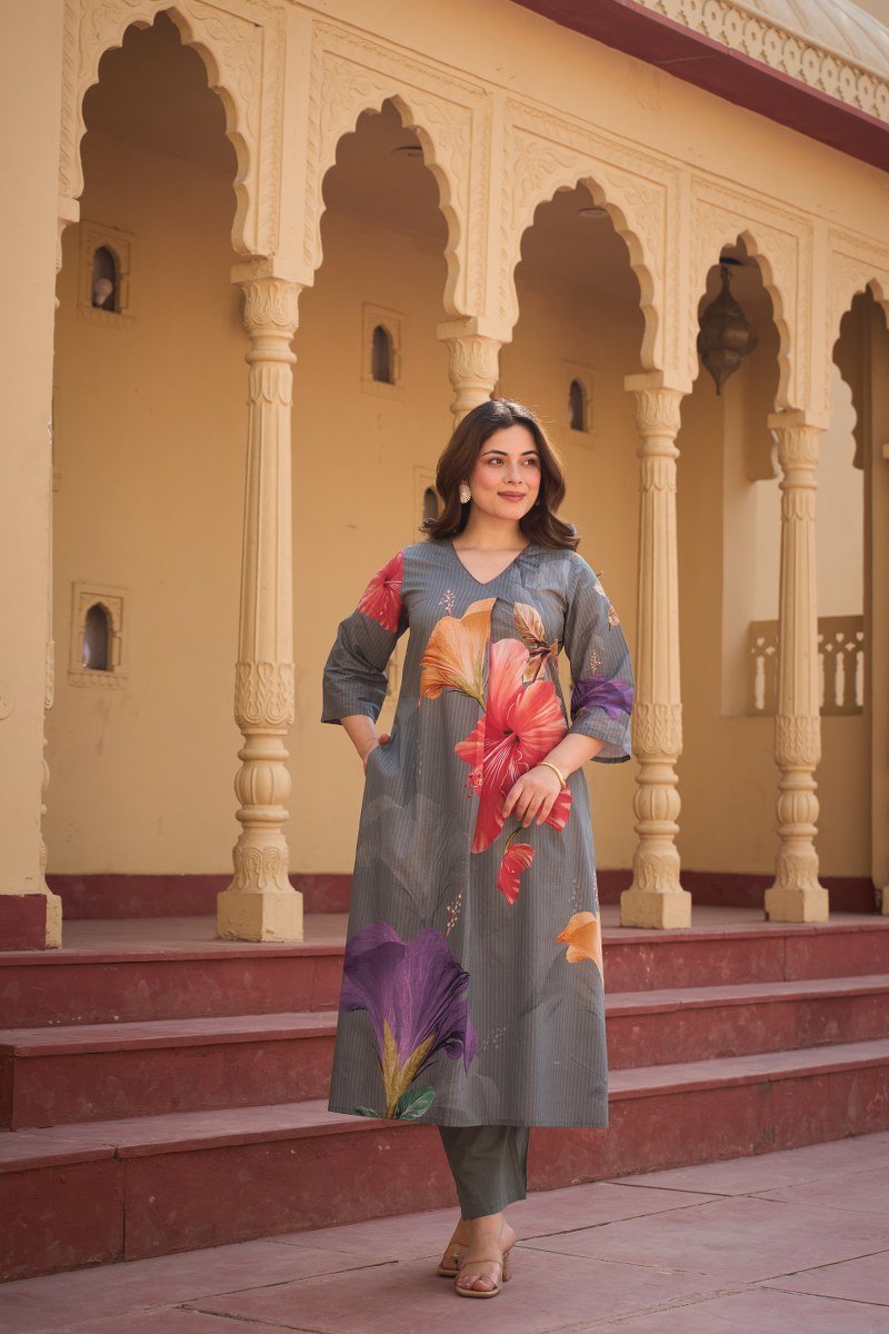 Grey Floral Print Cotton Co-ord Set - Freyaa USA & Canada
