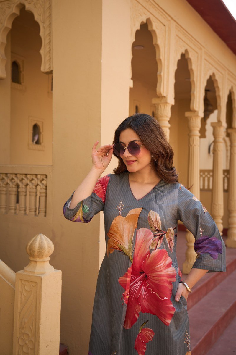 Grey Floral Print Cotton Co-ord Set - Freyaa USA & Canada