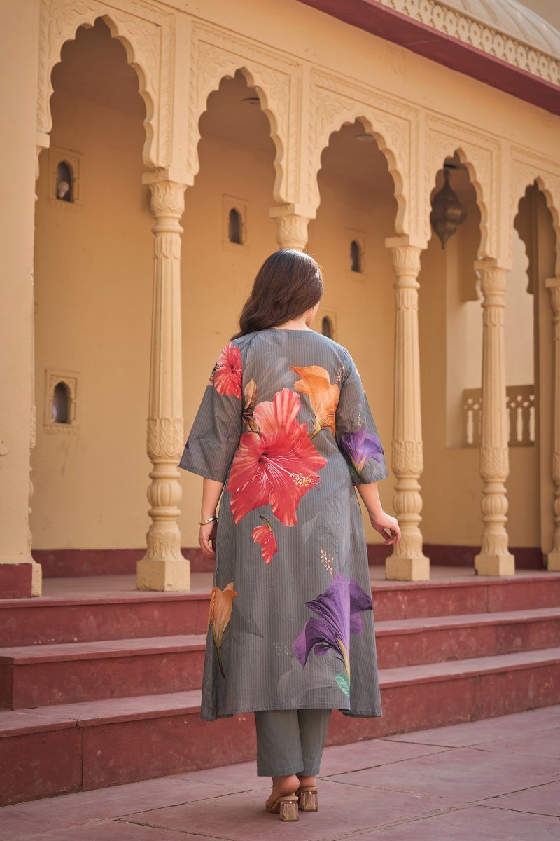 Grey Floral Print Cotton Co-ord Set - Freyaa USA & Canada